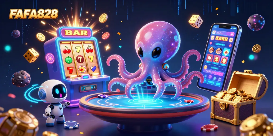 Experience exciting gameplay with FAFA828 as a vibrant octopus interacts with holographic casino elements.