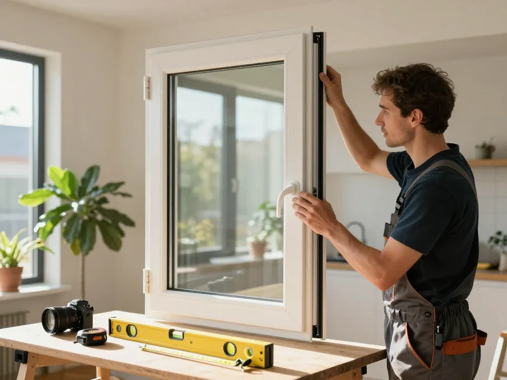 Handwerker konzentriert auf die Fensterbau-Fenstermontage mit Werkzeugen in einem modernen Zuhause.