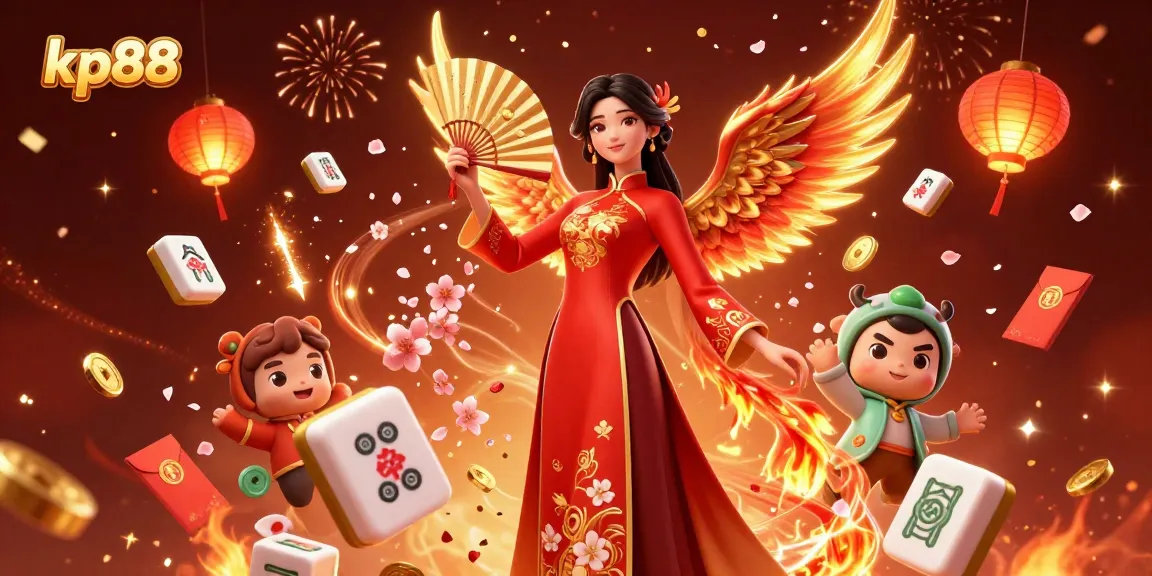 Engage in kp88's vibrant gaming world with a stunning 3D illustration of a beautiful woman and phoenix, showcasing excitement and luck.