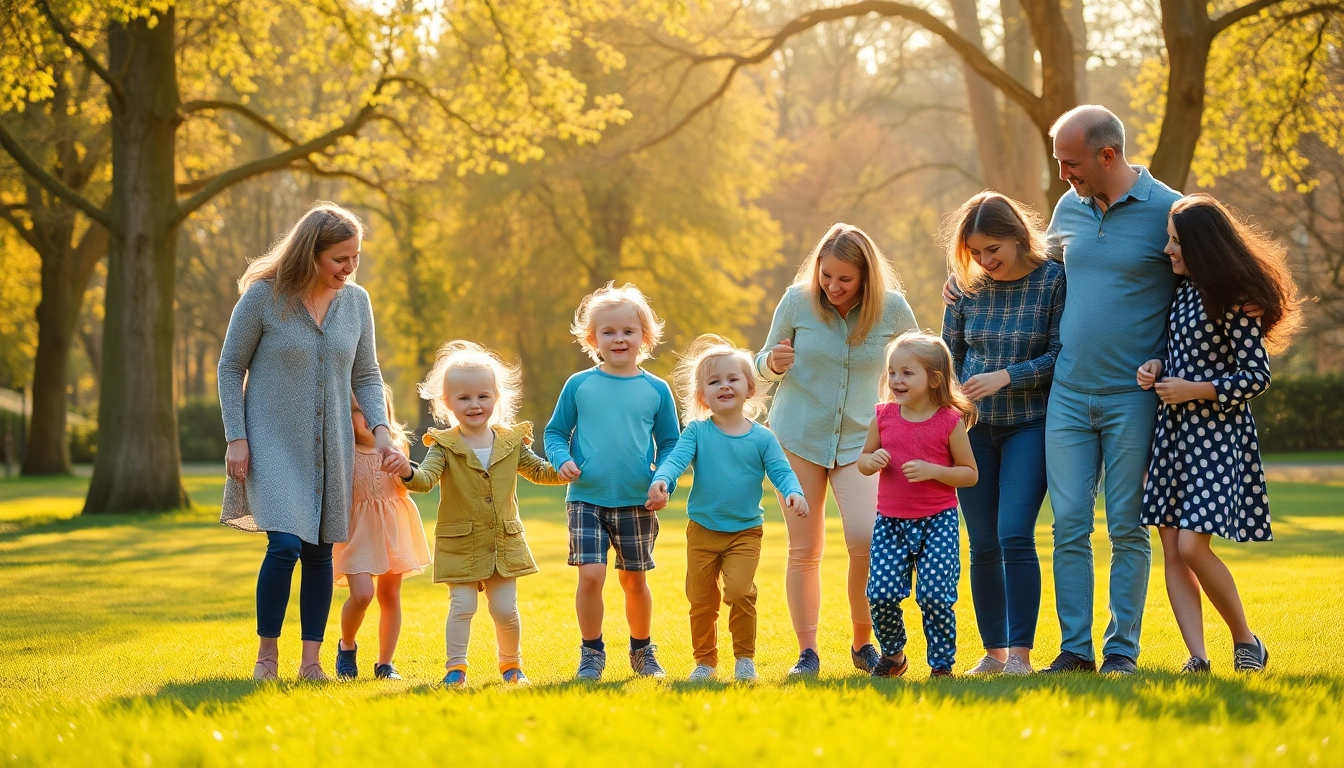 Eltern interagieren mit ihren Kindern im Park und zeigen Aspekte der Kindererziehung in einer warmen, einladenden Atmosphäre.