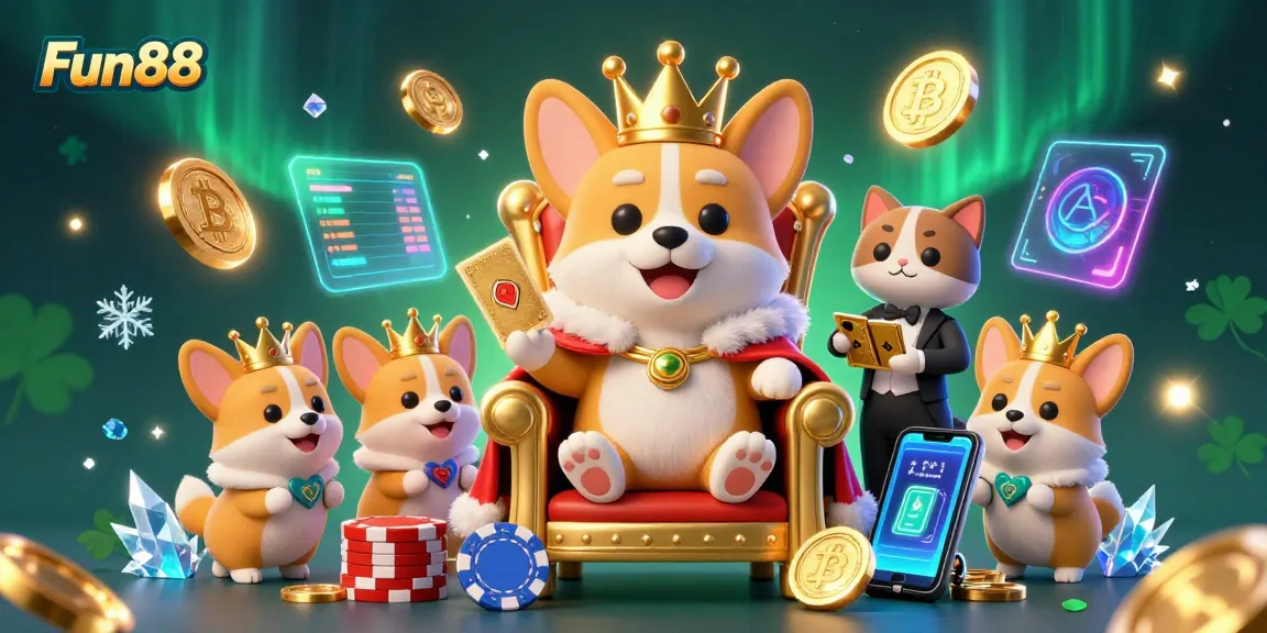 Fun88 showcases a royal corgi on a poker chip throne with Bitcoin and Ethereum coins in a vibrant casino scene.