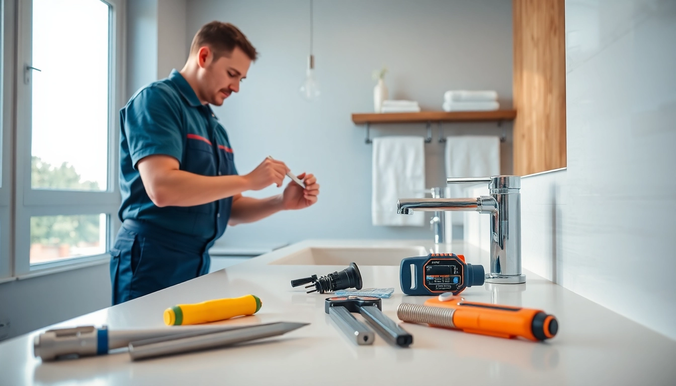 Expert plumber fixing pipes in a modern bathroom, demonstrating skill and precision in work.