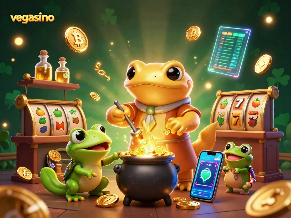 Experience thrilling gaming at Vegasino with vibrant slot elements and mystical characters.