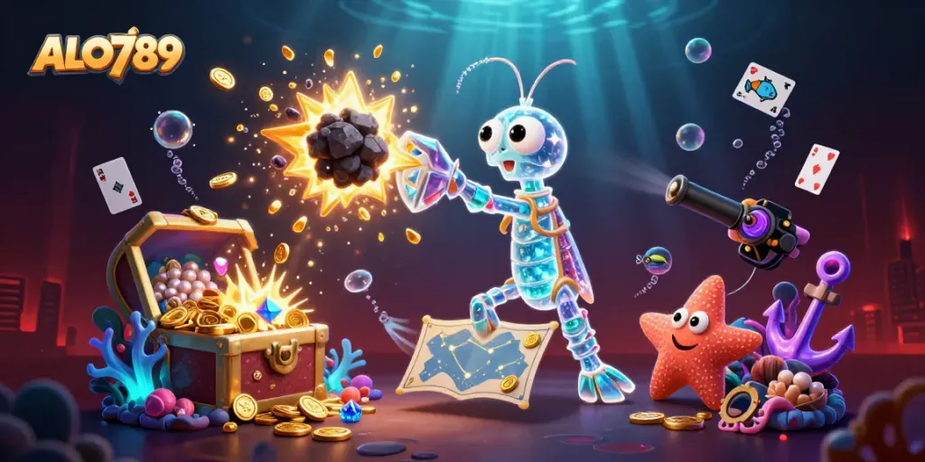 Explore the exciting features of ALO789 with powerful 3D cartoon elements representing online gambling.