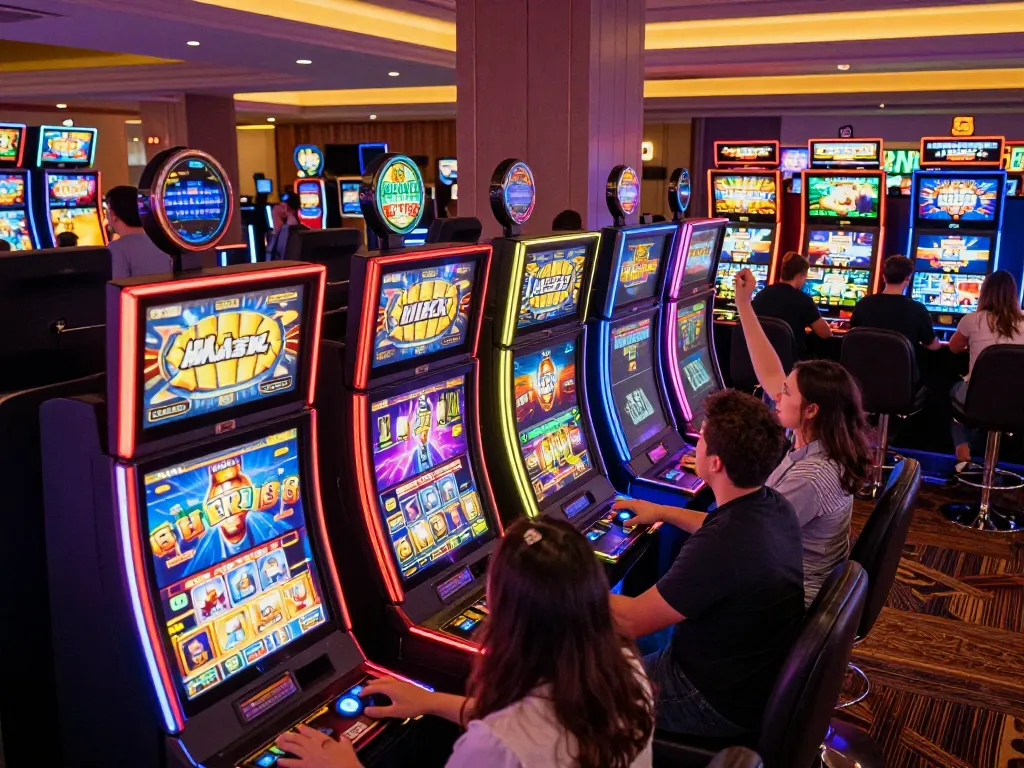 Players engaging with colorful slot machines at iwin casino, celebrating wins and enjoying gaming.