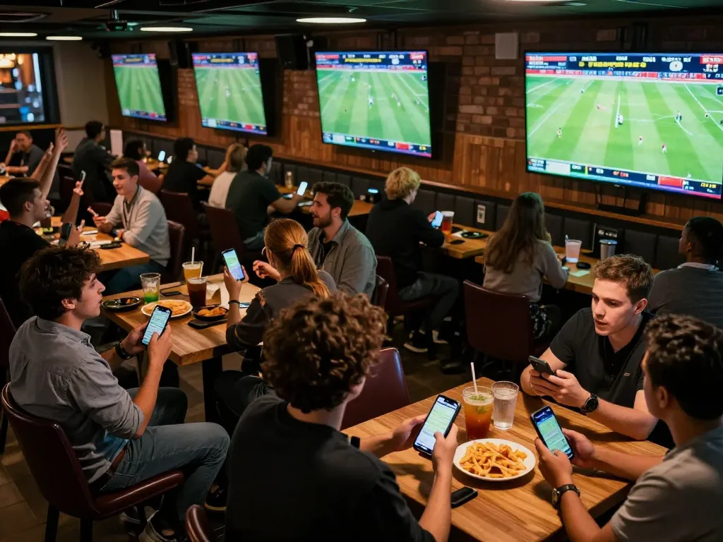 Fans cheering for ฟุตบอล while placing bets on smartphones in a vibrant sports bar atmosphere.