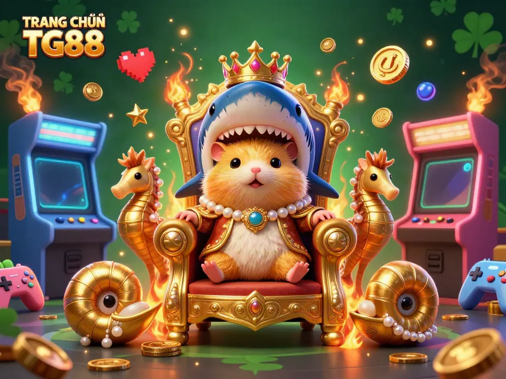 Engage in gambling excitement with TRANG CHỦ TG88 featuring a golden hamster king and arcade elements.