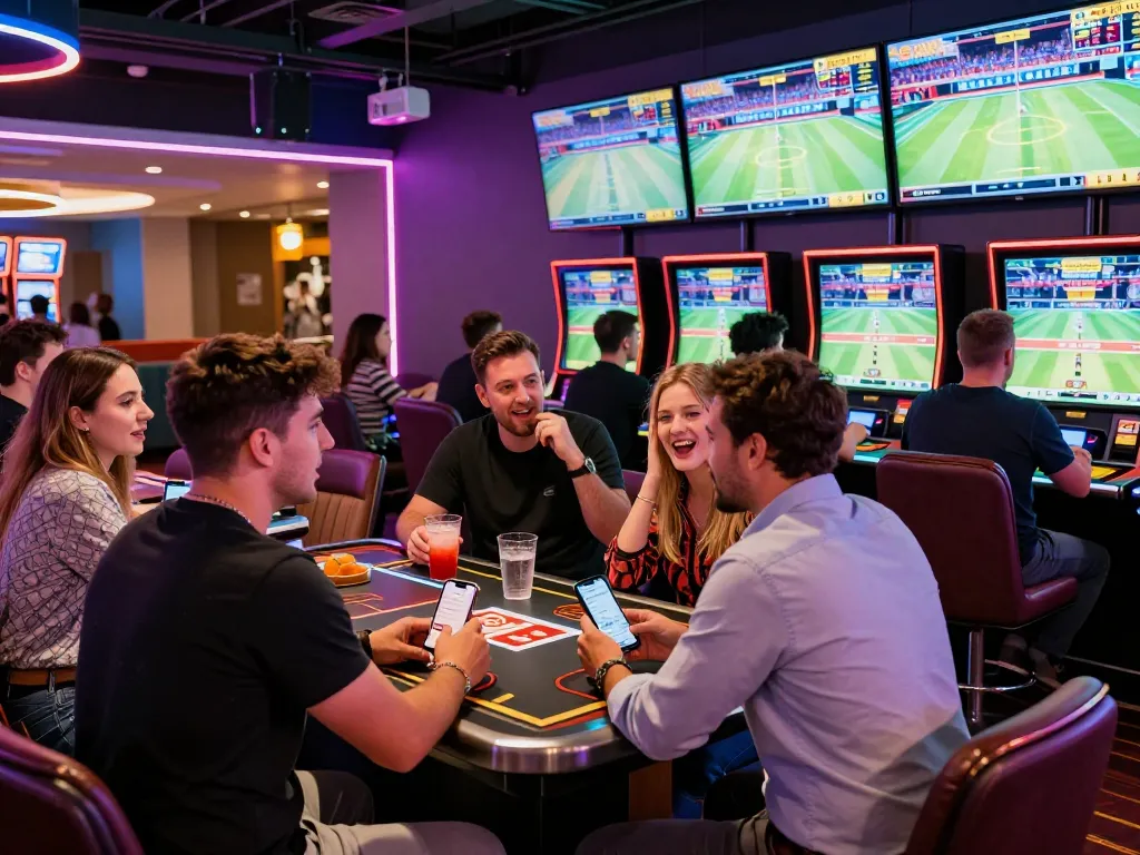 Exciting debet betting scene in a lively casino with friends enjoying a game night.