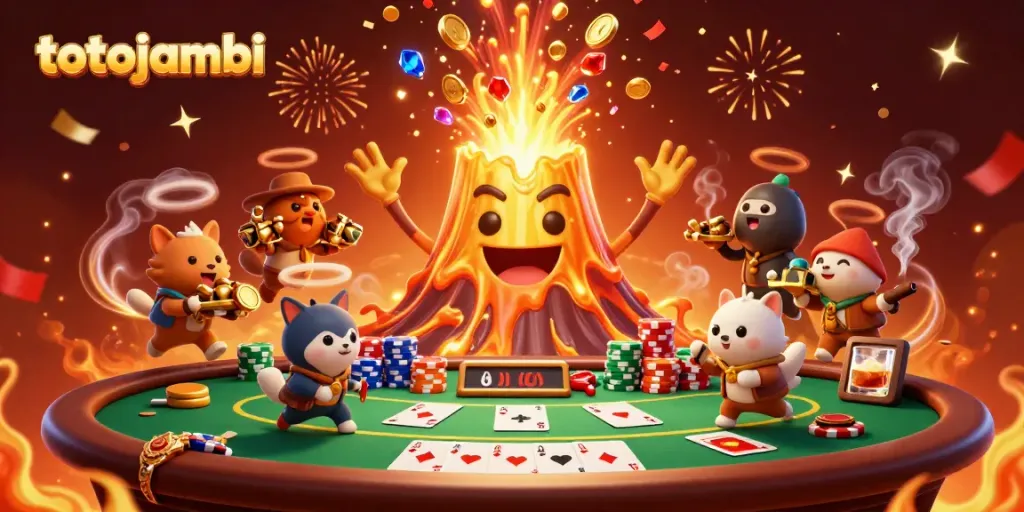 Win big at totojambi with a thrilling casino scene featuring energetic characters and exciting poker elements.
