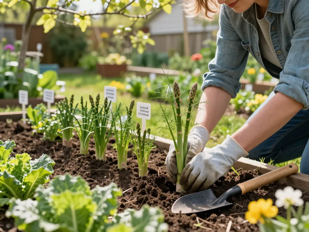 Gardener planting fresh spargel pflanzen in a vibrant home garden.
