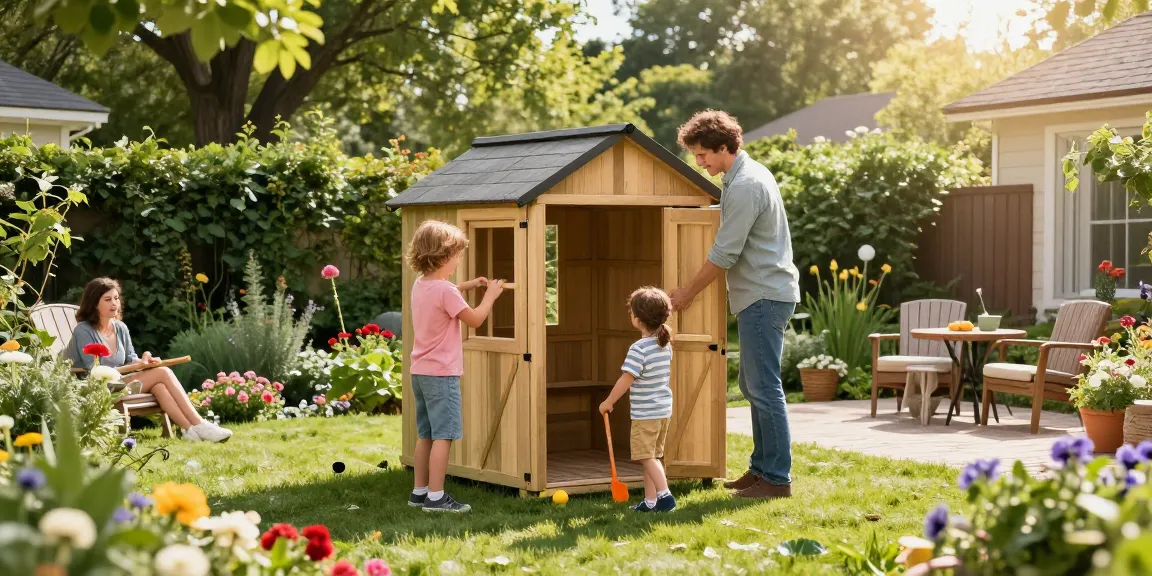 Familie baut Gartenhäuser im blühenden Garten mit sonnigem Ambiente.