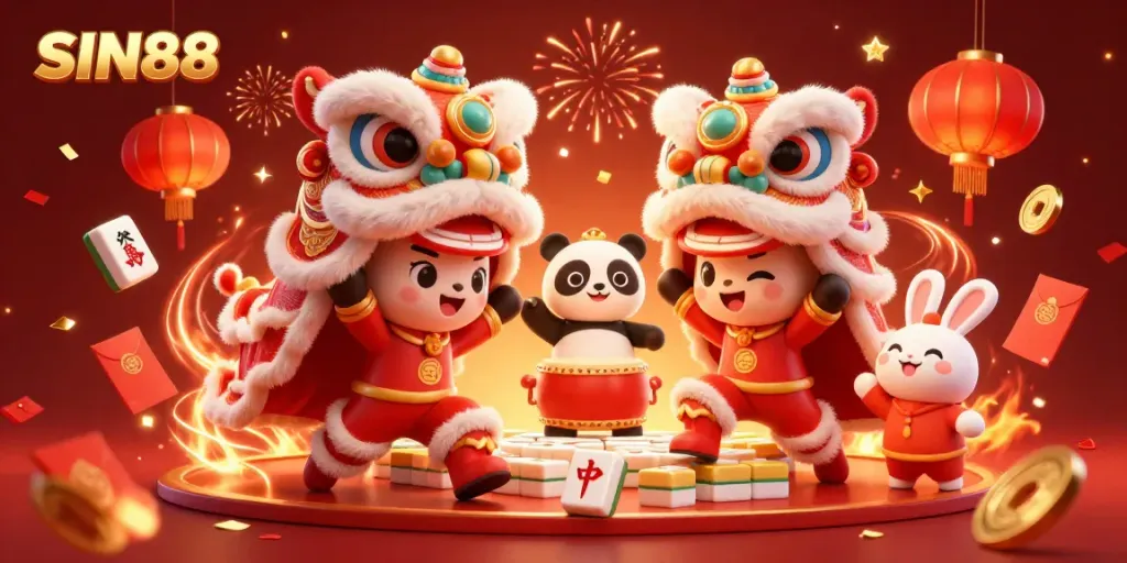 SIN88 casino scene with lively characters performing a lion dance amidst vibrant decorations and gaming elements.
