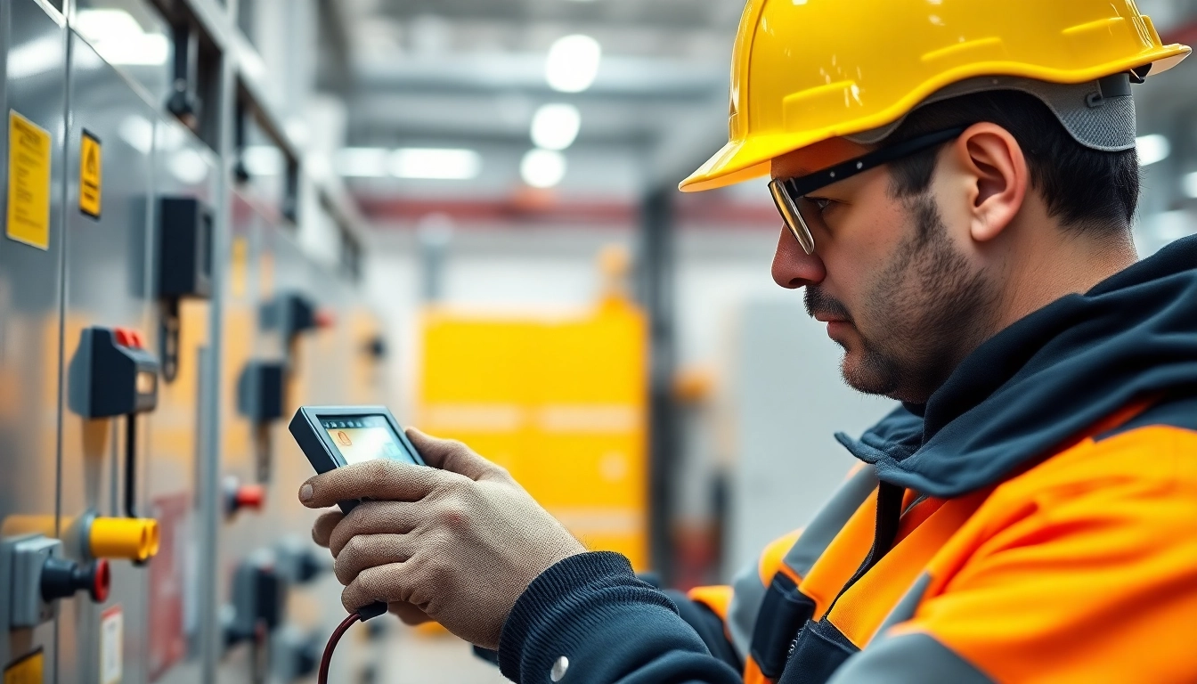 Conducting the DGUV V3 Prüfung on electrical equipment in a well-lit industrial workshop.