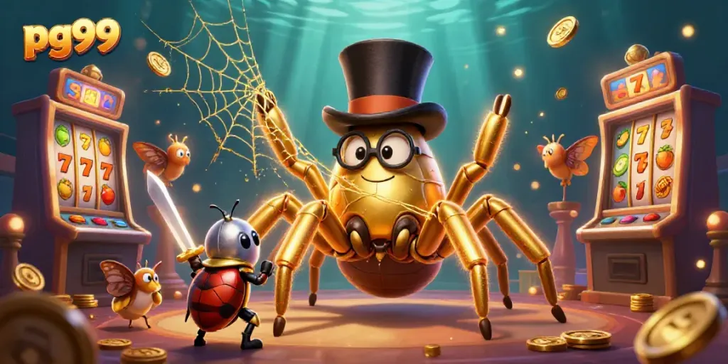 Engage with pg99 as a golden tarantula weaves a jackpot web amidst thrilling slots and vibrant casino elements.