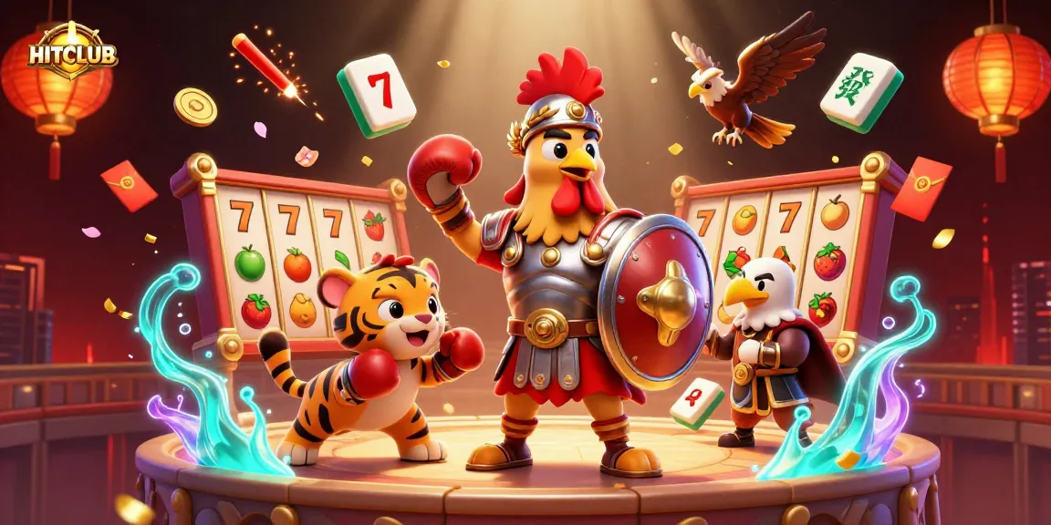 Experience the thrill of HITCLUB with a vibrant scene of games, characters, and casino elements colliding.