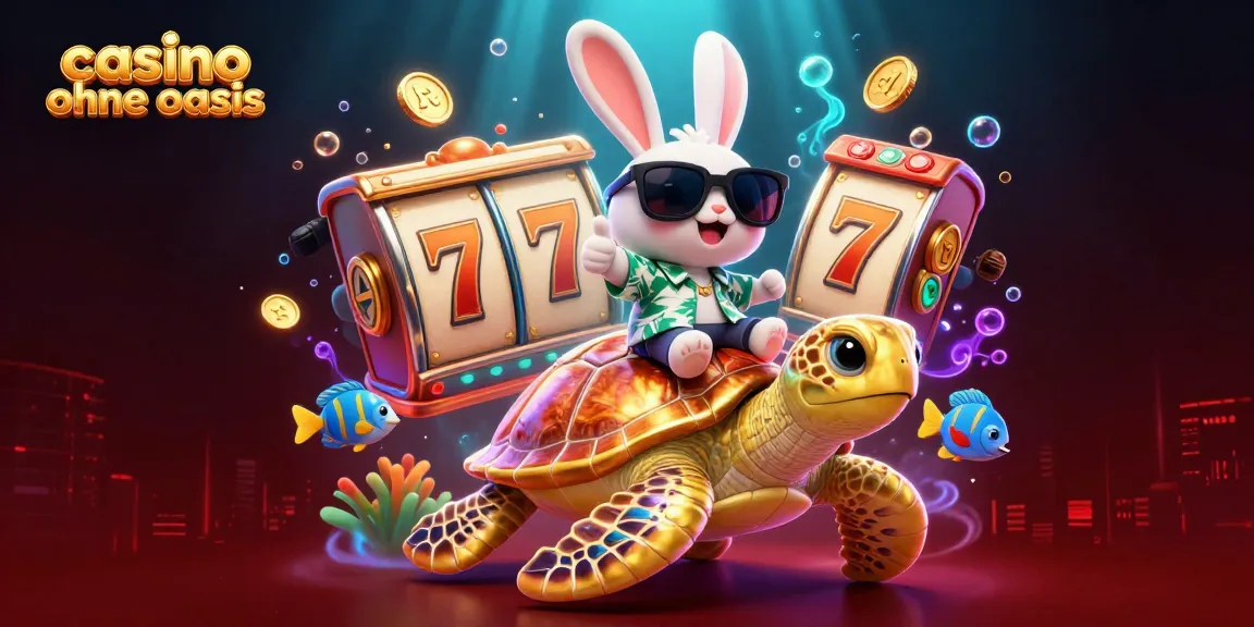 Play and win at casino ohne oasis with a lucky rabbit and golden turtle illustration.