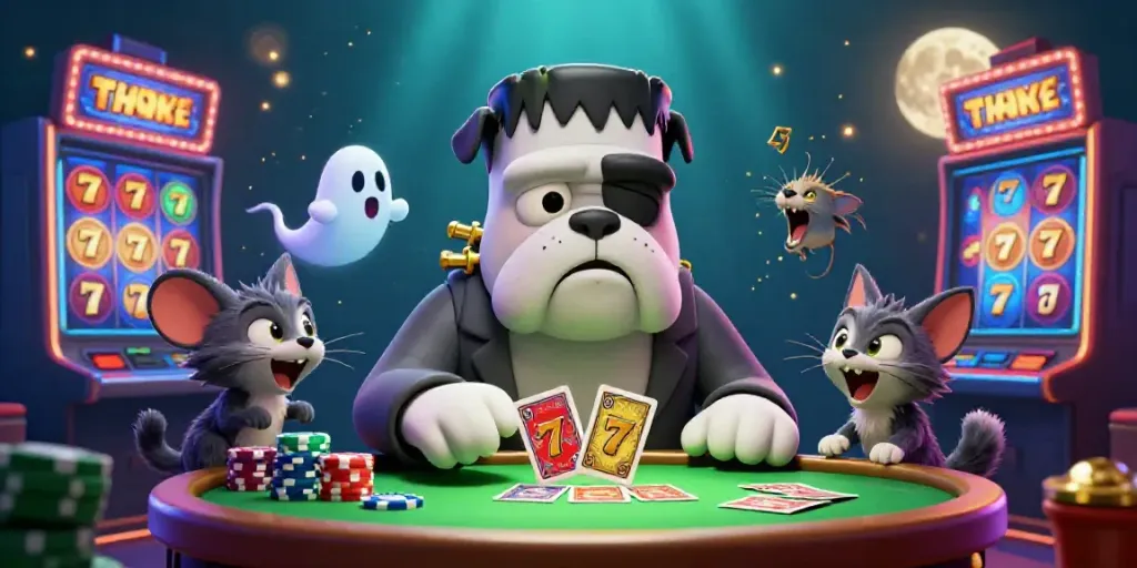 Engage with TRANG CHỦ GO8 casino excitement featuring a spooky dog dealer, enchanting ghost mouse, and lively gaming elements.