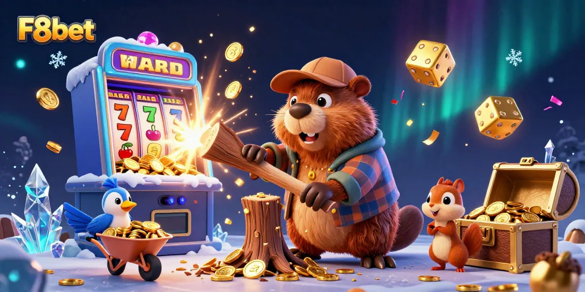 Explore exciting wins at F8bet with an animated scene featuring coins, slots, and vibrant characters