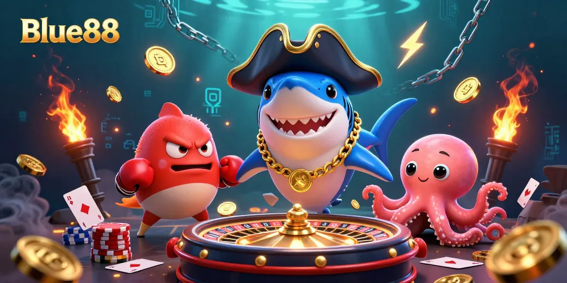 Win big with Blue88 in this vibrant casino scene featuring exciting characters and games.