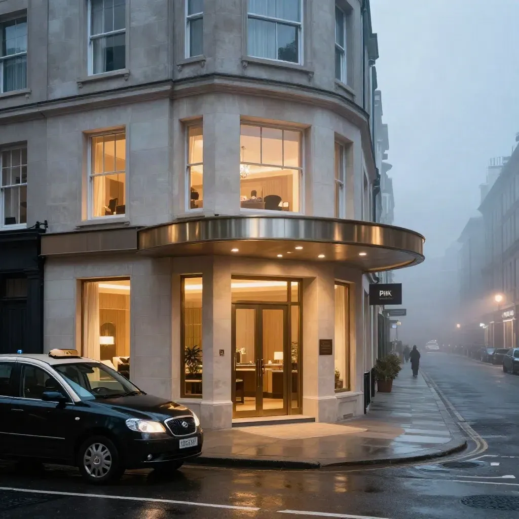 Boutique-Hotel-Ecke bei Blaue Stunde mit Taxi und leuchtender Fassade im Nebel