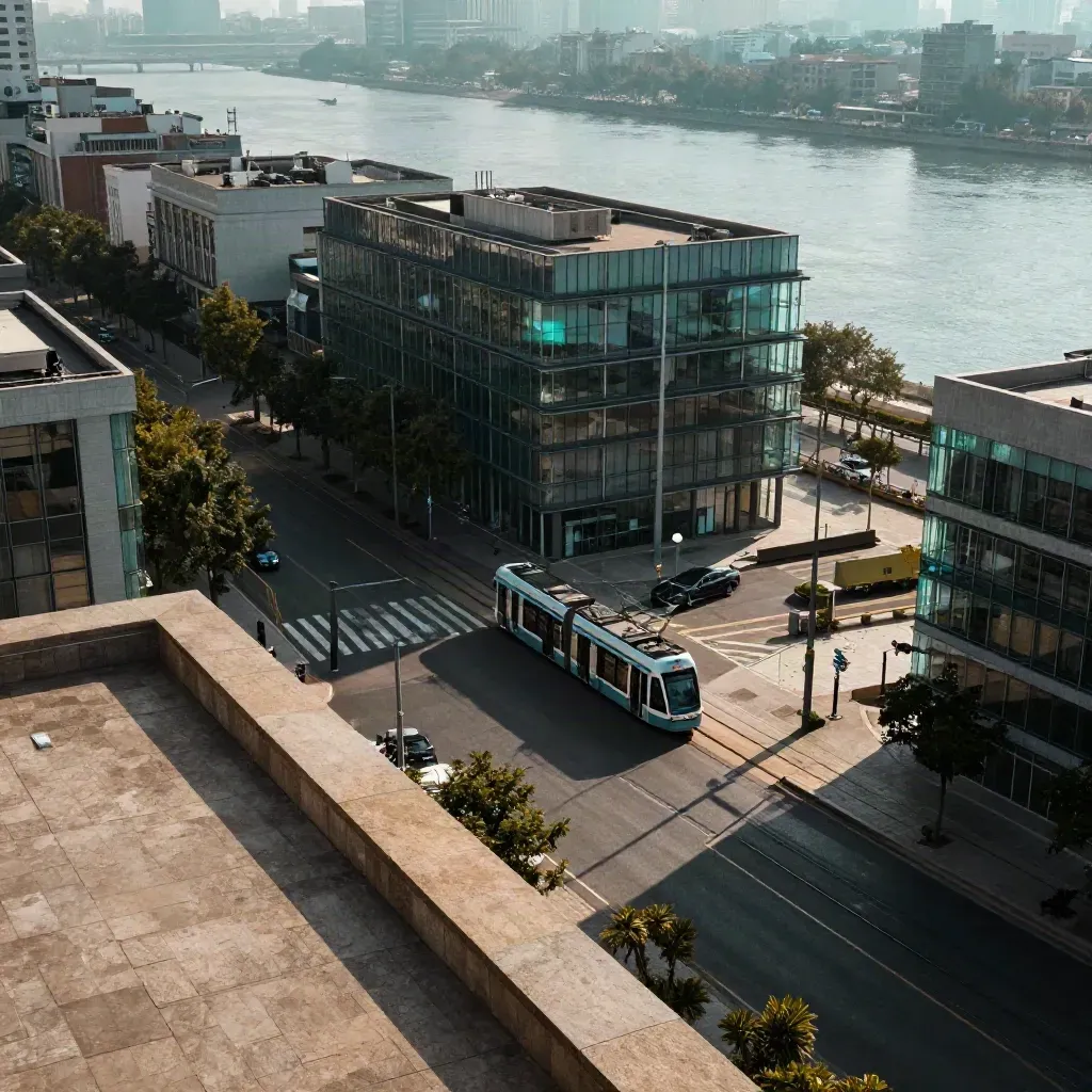 Tram fährt durch ein Flussviertel mit Promenade und langen Abendschatten.