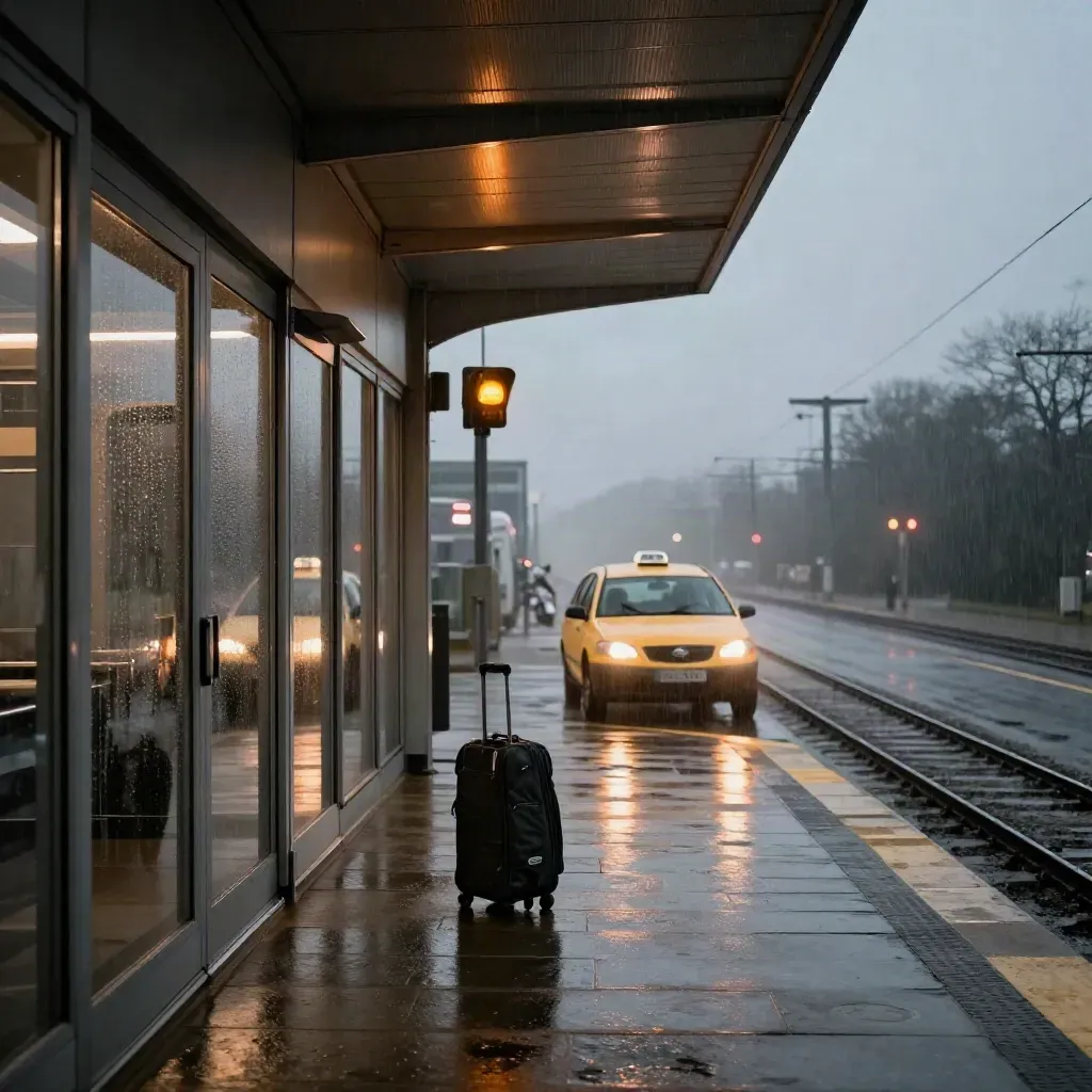 Bahnhofsvorplatz im Regen mit Taxi, Rollkoffer und beleuchtetem Eingang im Dämmerlicht.