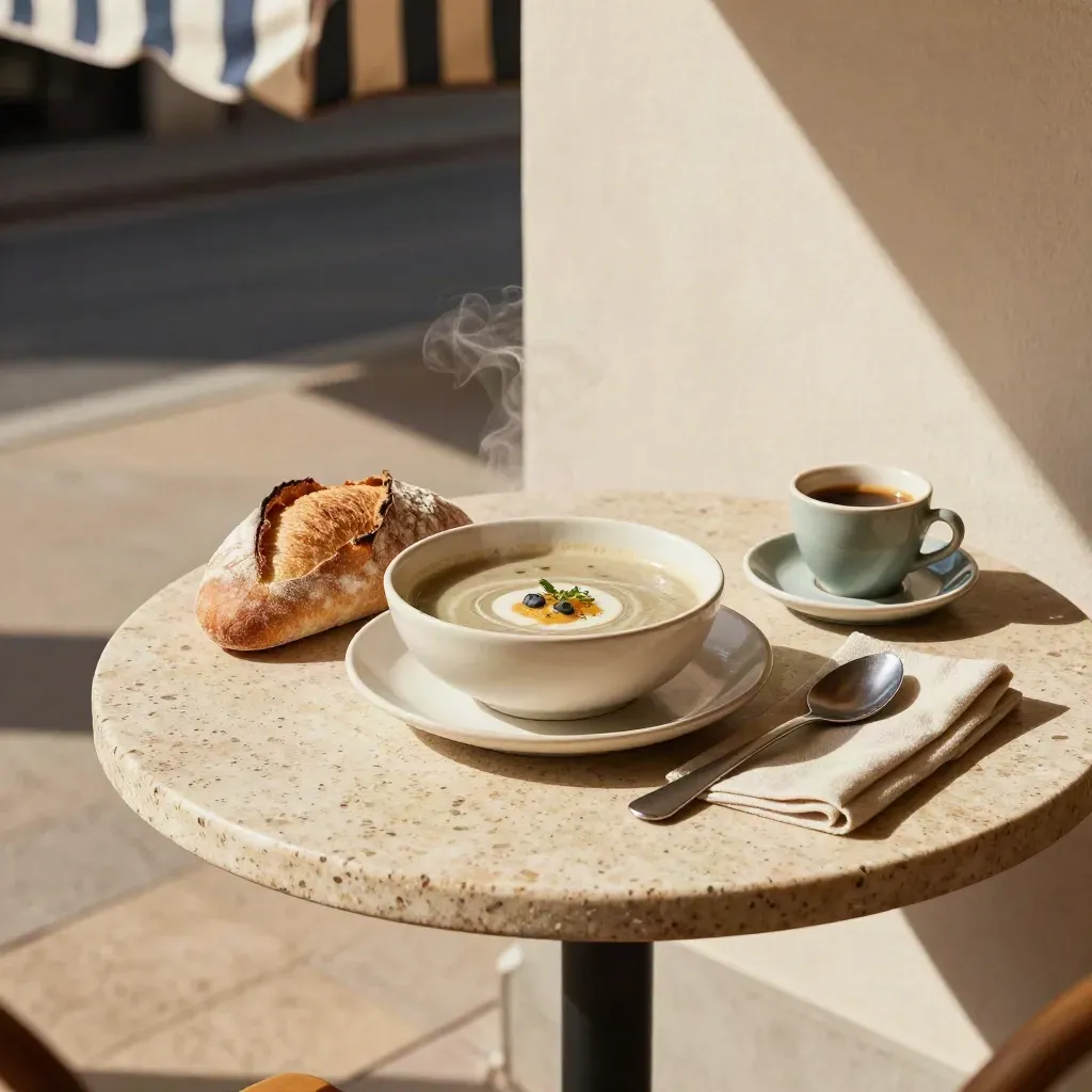 Steintisch unterm Sonnendach mit Bowl, Brot, Espresso und aufsteigendem Dampf.