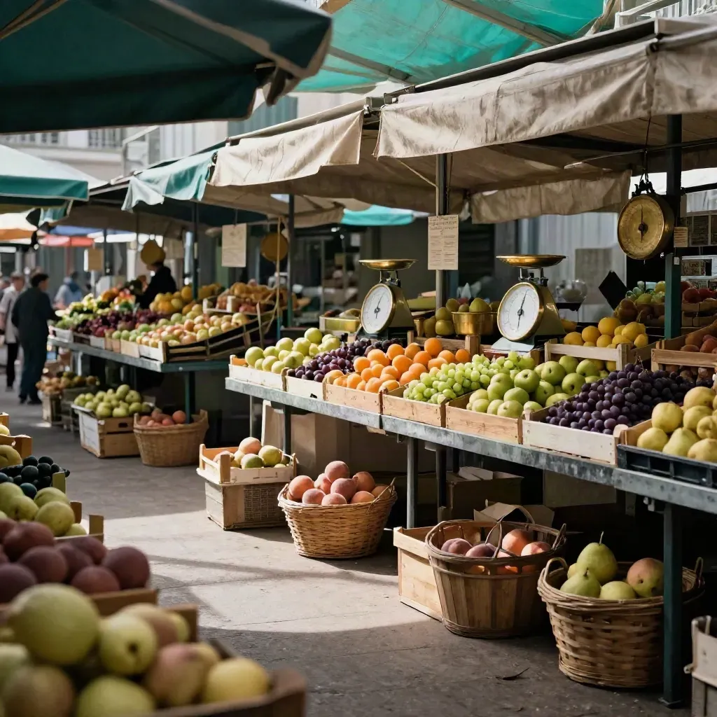 Markthalle mit Obstkisten, Brotkörben, Messingwaagen und Streifenmarkisen im Morgenlicht.