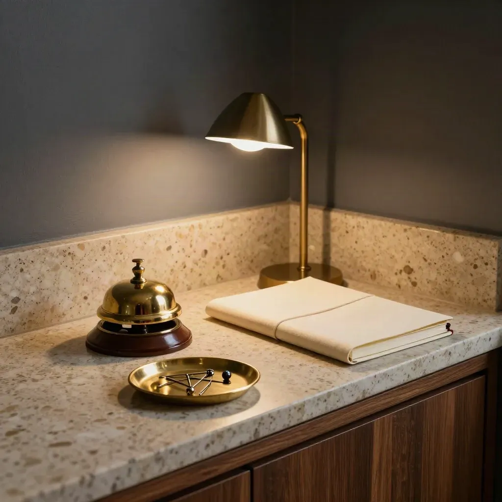 Brassglocke, Routenpins und Notizbuch in warmer Hotellobby-Beleuchtung.