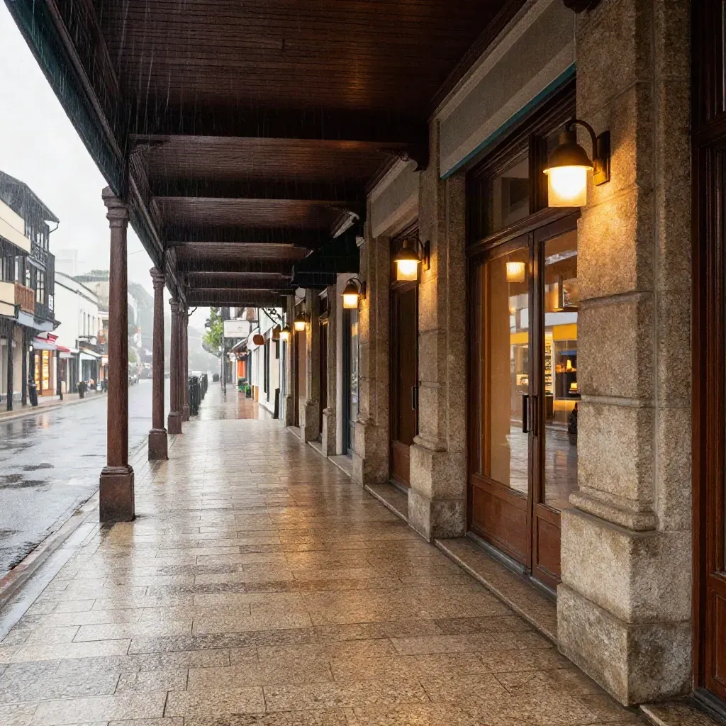 Überdachte Arkadengasse im Regen, trocken begehbar und warm beleuchtet.