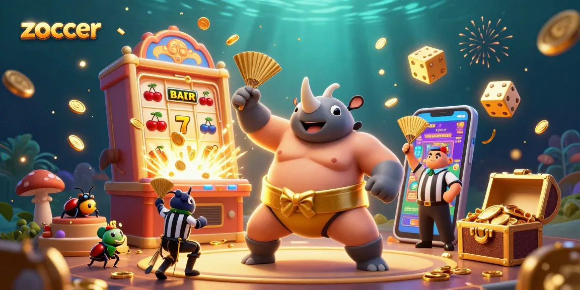 Zoccer captivates players with a rhinoceros beetle sumo champion amidst a jackpot explosion and vibrant casino elements.