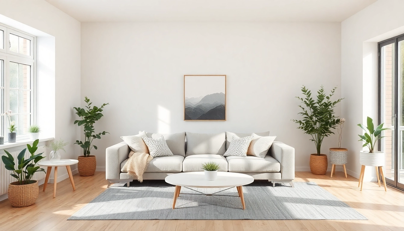 Raumgestaltung in einem hellen skandinavischen Wohnraum mit eleganter Sofalandschaft und warmem Licht