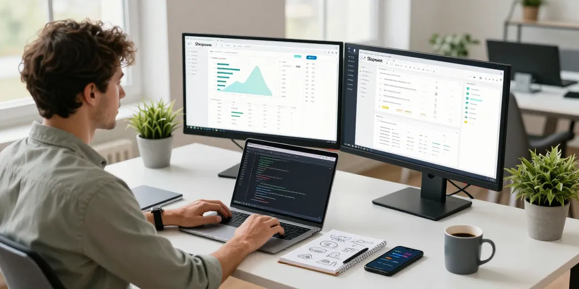 Shopware-Freelancer an einem modernen Arbeitsplatz, der E-Commerce-Lösungen mit den Tools von SP Webconsulting optimiert.