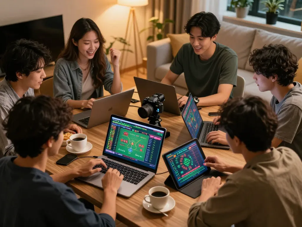 Engaged players using mk8th for online sports betting, showcasing strategic gameplay in a cozy home setup.