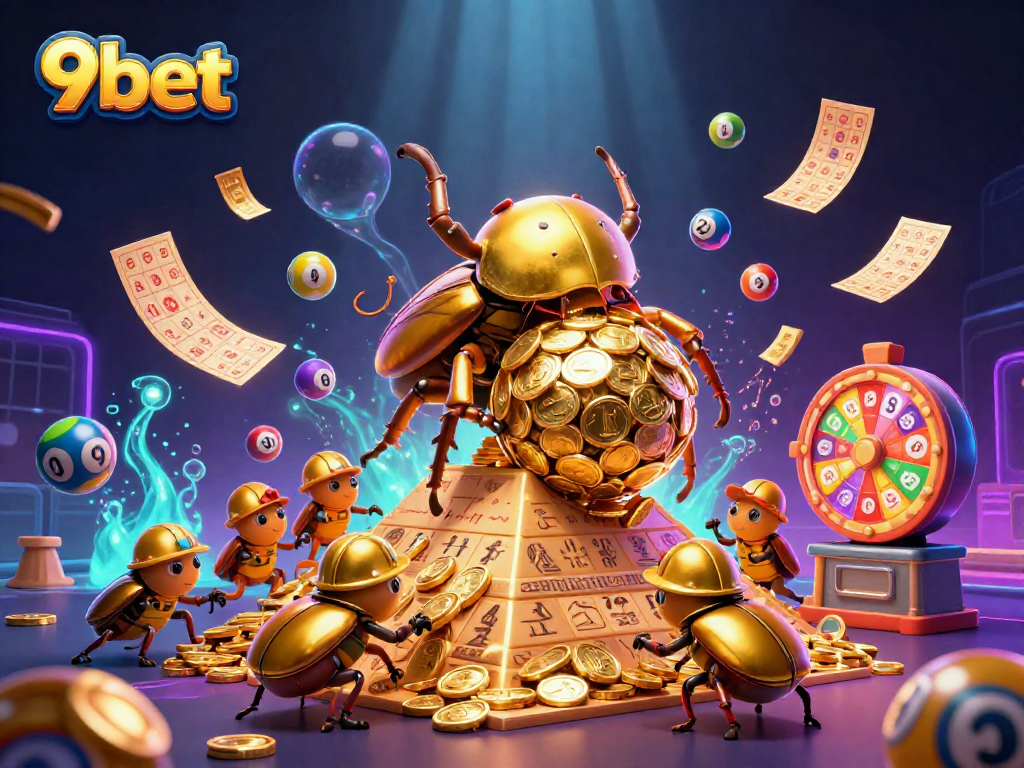 Engage with the vibrant world of 9bet featuring golden beetles and lottery excitement.