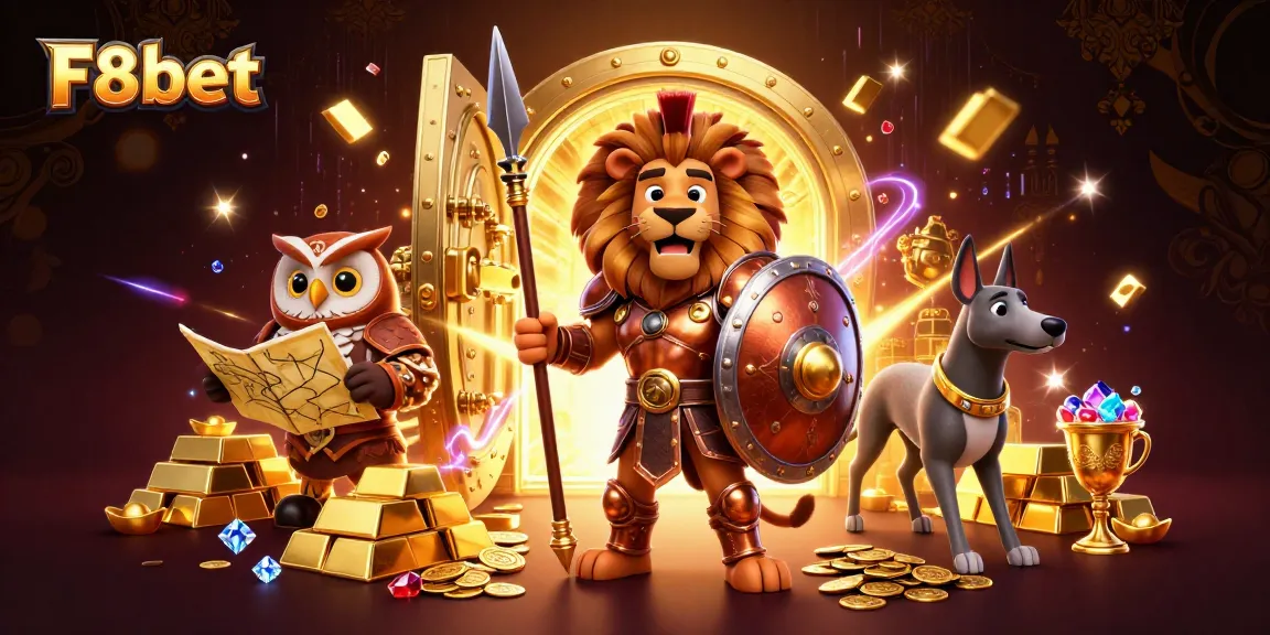 Join F8bet's thrilling adventure with a Spartan lion, tactical owl, and swift greyhound in a treasure-filled casino.