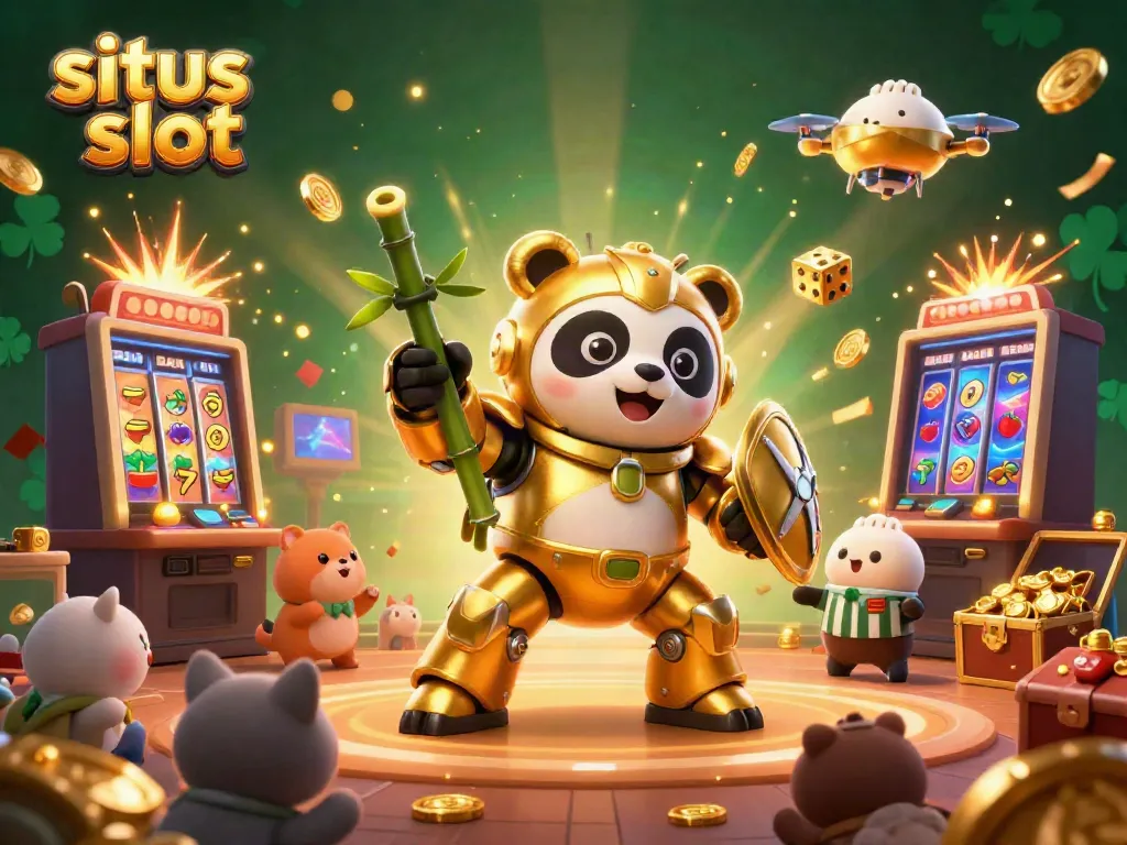 Experience exciting wins at situs slot with a golden panda piloting a robot amidst a jackpot explosion.