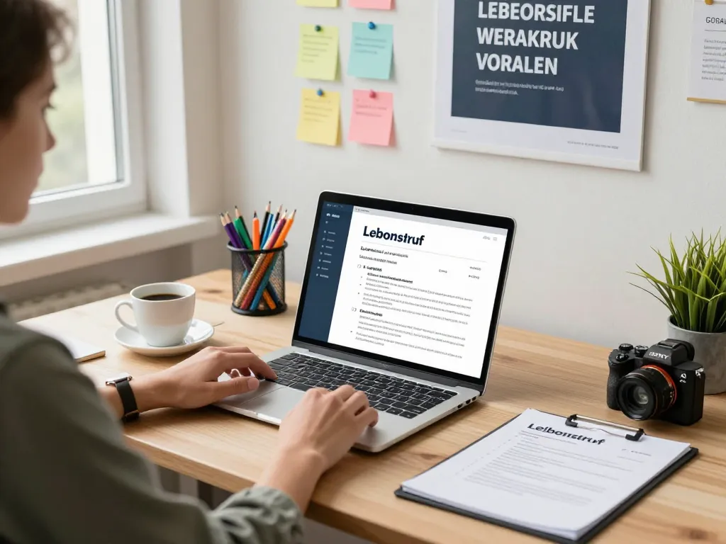Jobsuchender erstellt Lebenslauf Vorlagen in einem modernen Büro mit stilvollem Dekor und motivationalen Elementen.