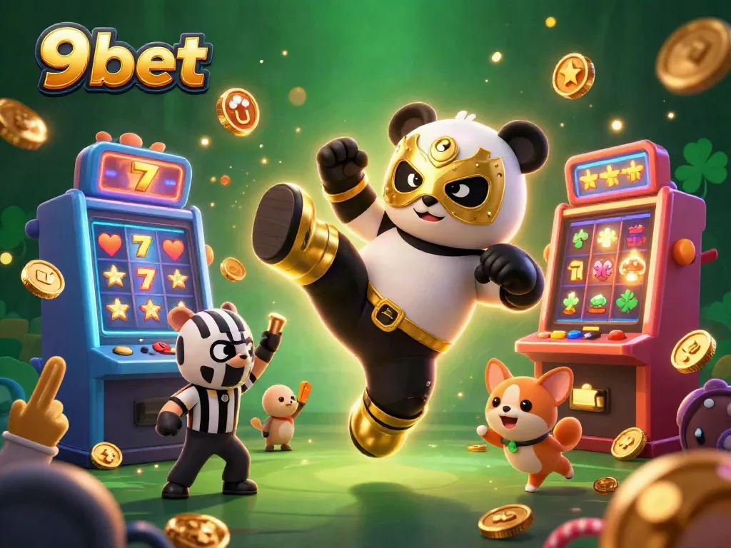 Watch the panda wrestler at 9bet take flight among colorful slot machines and excited fans.