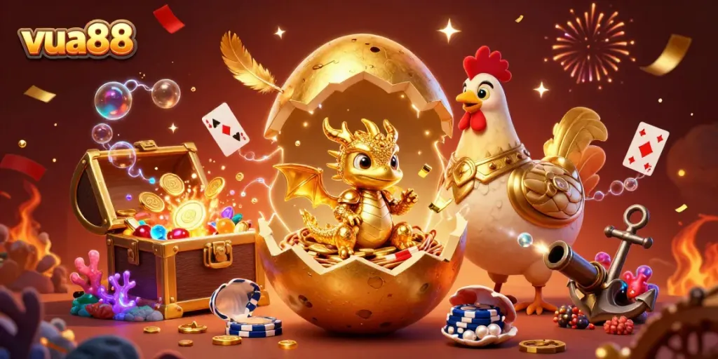Experience thrilling wins with Vua88, where a golden dragon guards poker chips amidst dazzling casino elements.