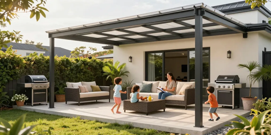 Freistehende Terrassenüberdachung mit Familie, die einen sonnigen Nachmittag im Garten genießt.