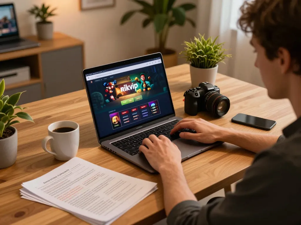 Player engaging with rikvip casino app on laptop, surrounded by strategic notes, warm home setting
