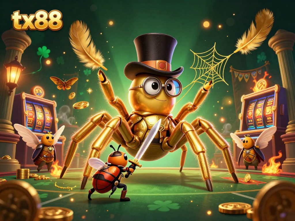 Experience the thrilling world of tx88 featuring a giant tarantula and a knight amidst rich casino elements.