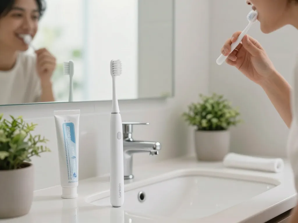 Laifen Zahnbürste in einem modernen Badezimmer präsentiert, das schlanke Design zur Schau stellt, während jemand seine Zähne putzt.