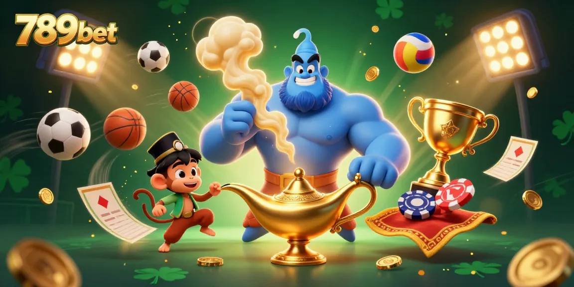 Experience thrilling casino action with 789bet and vibrant game elements in a packed 3D illustration.