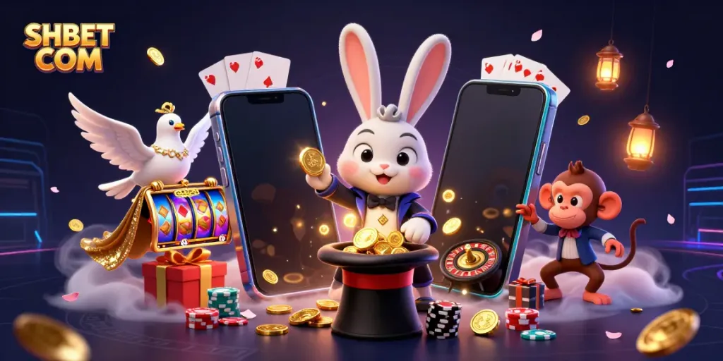 Join the excitement at SHBET COM with a magical scene featuring a rabbit, dove, and monkey amidst thrilling casino elements.