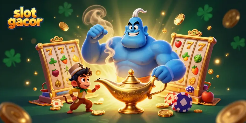 Engage in thrilling gameplay with slot gacor as a genie grants jackpot wishes amidst vibrant slots and action.