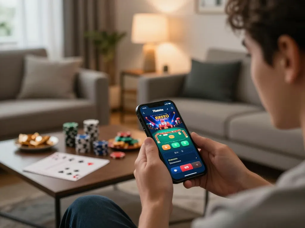 Engagingly play poker on 78winvina app in a cozy living room with strategy notes.