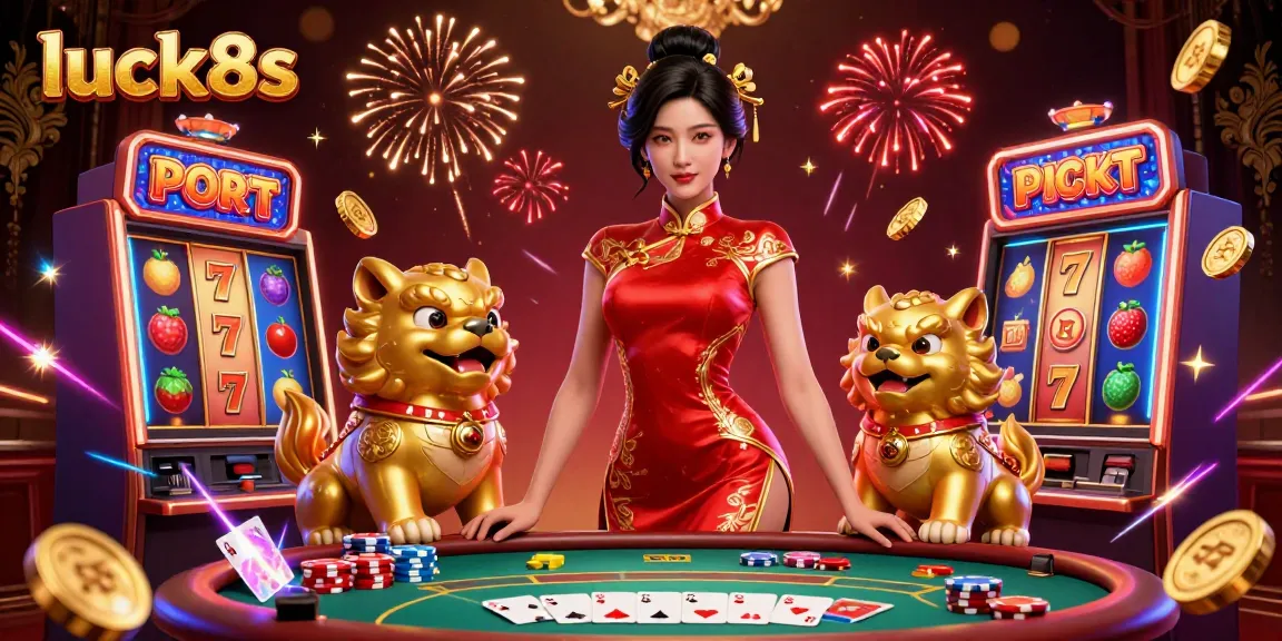 Experience luck8s with a glamorous Asian woman amidst vibrant slot machines and poker scene.