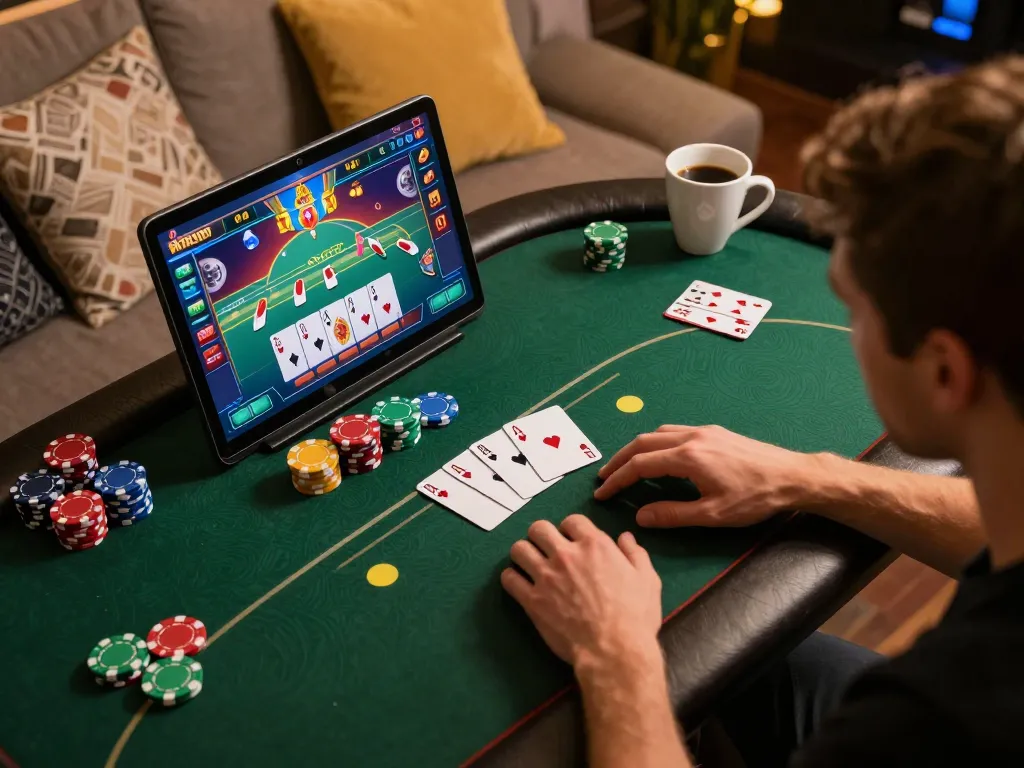 Player engaging in cm88 poker game online, showcasing detailed gameplay and strategic focus